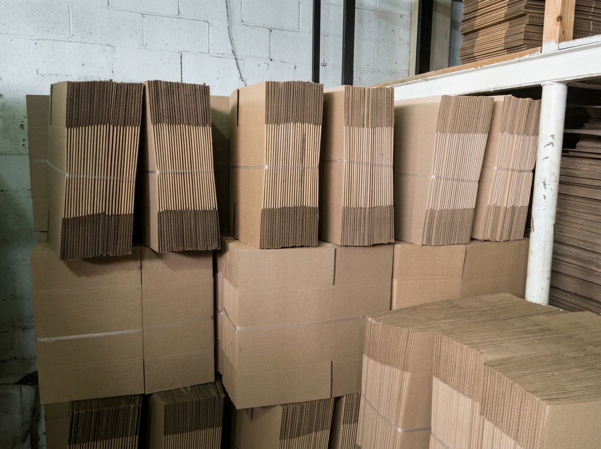 Almacén con fardos de cajas corrugadas plegadas