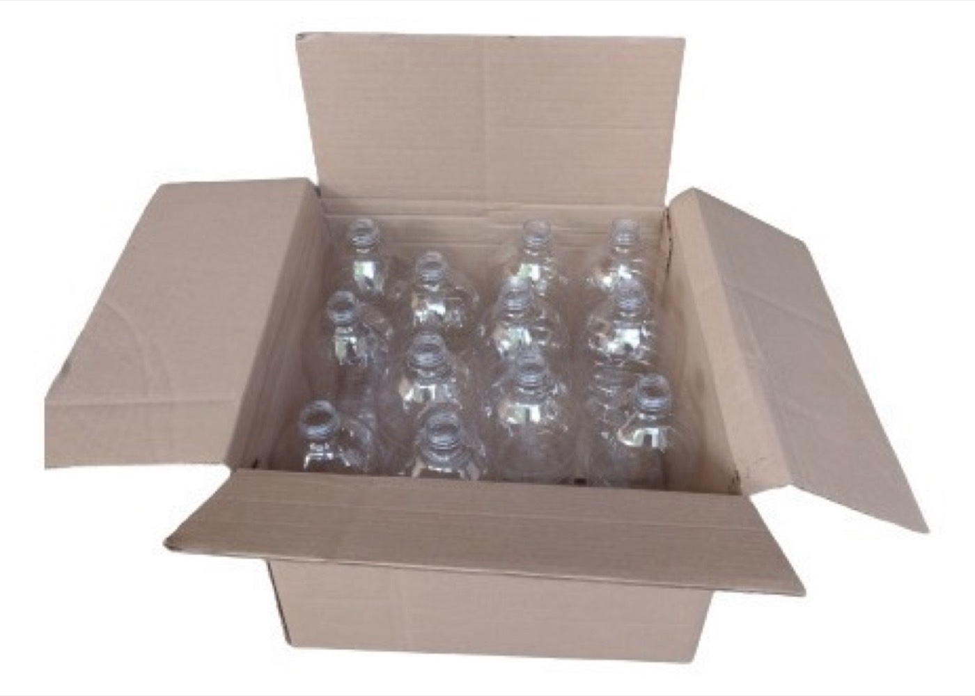 Caja con separadores llena de botellas PET