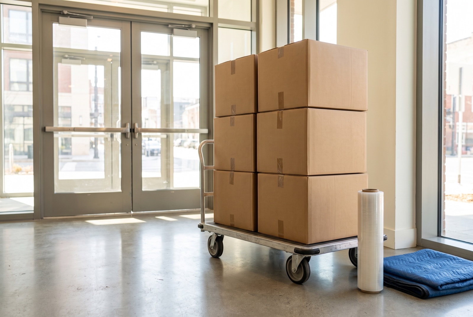 Cajas de mudanza de Encaja apiladas en un carrito, listas para cargar